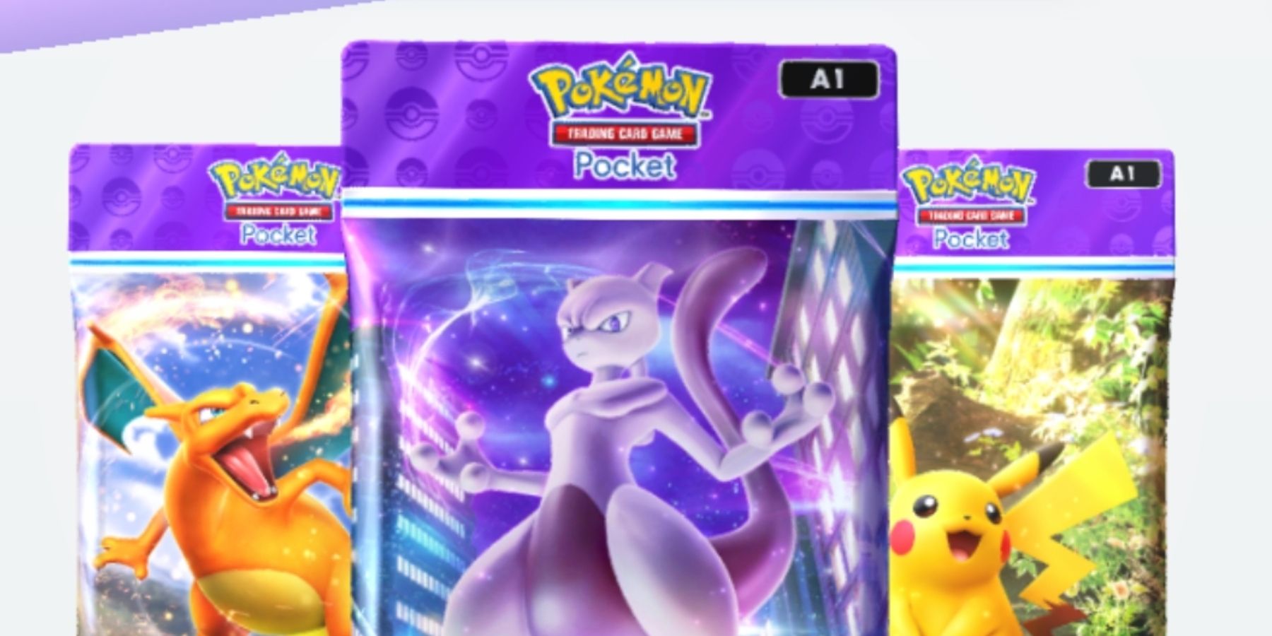 The three Genetic Apex Booster packs for Pokemon TCG Pocket, Mewtwo, Charizard, and Pikachu