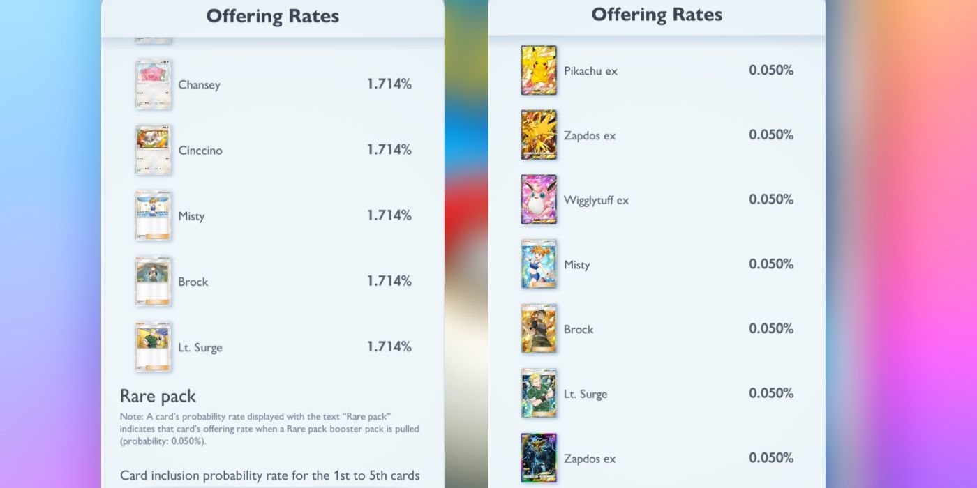 The offering or pull rates to get Misty in Pokemon TCG Pocket by opening Pikachu Genetic Apex packs