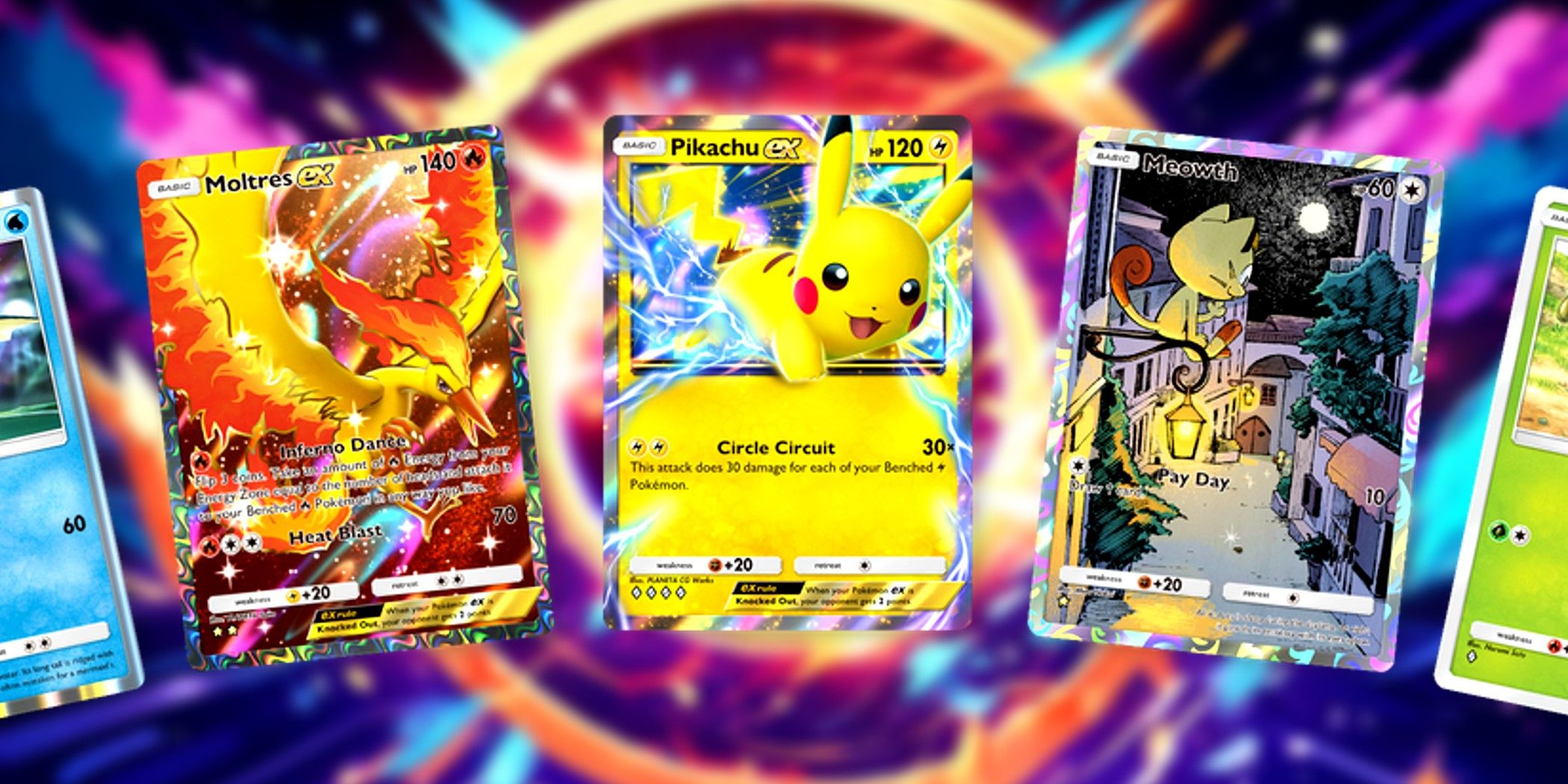 Pokemon tcg Pocket cards over a blurred colorful background