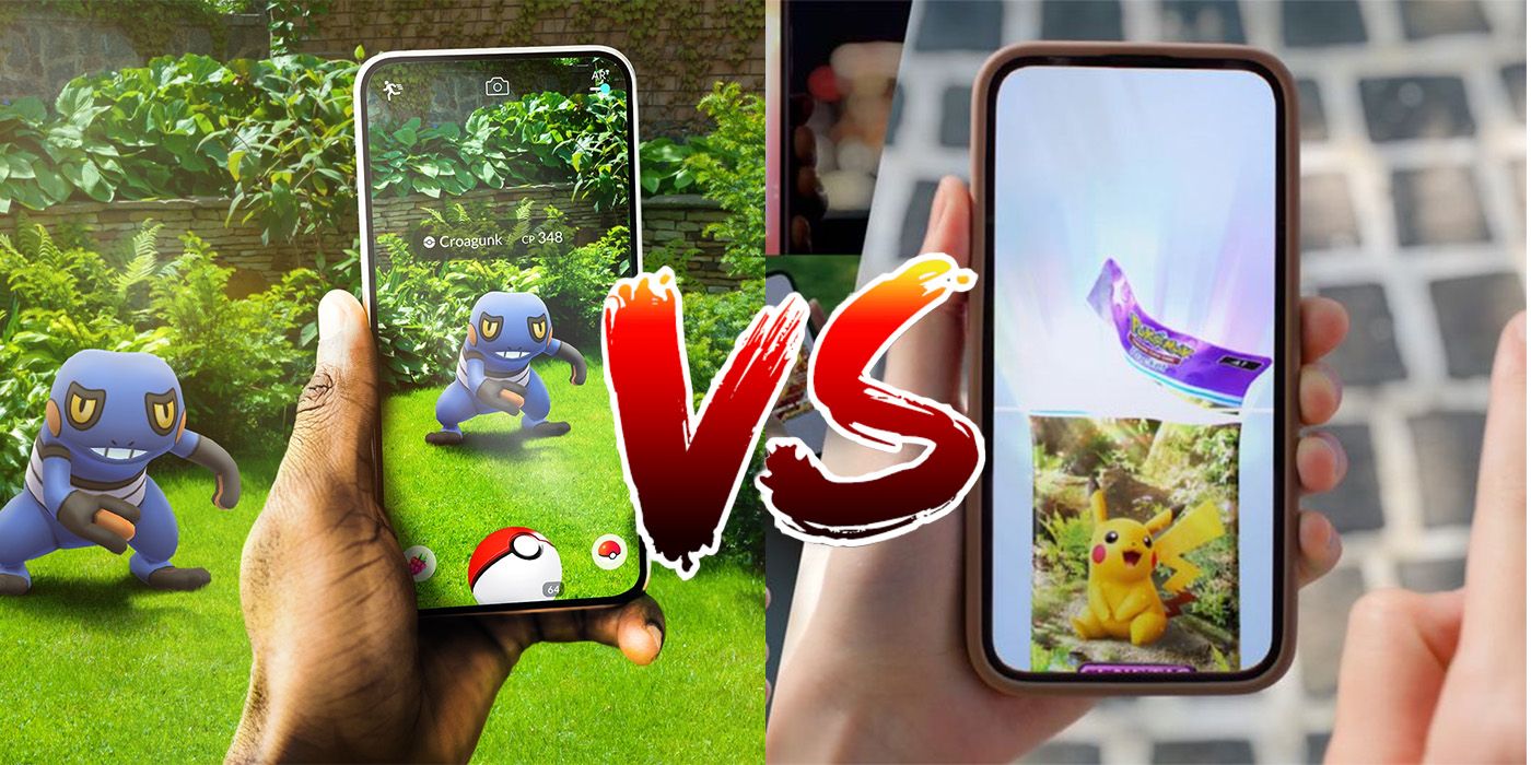 Teléfonos que muestran Pokémon TCG Pocket y Pokémon Go con un signo vs en el medio