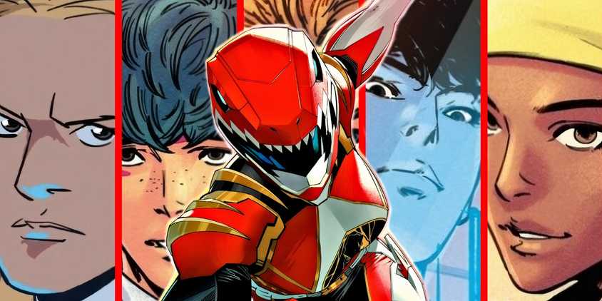 Comic book art: Power Rangers' new roster behind the Red Ranger in Power Rangers Prime.