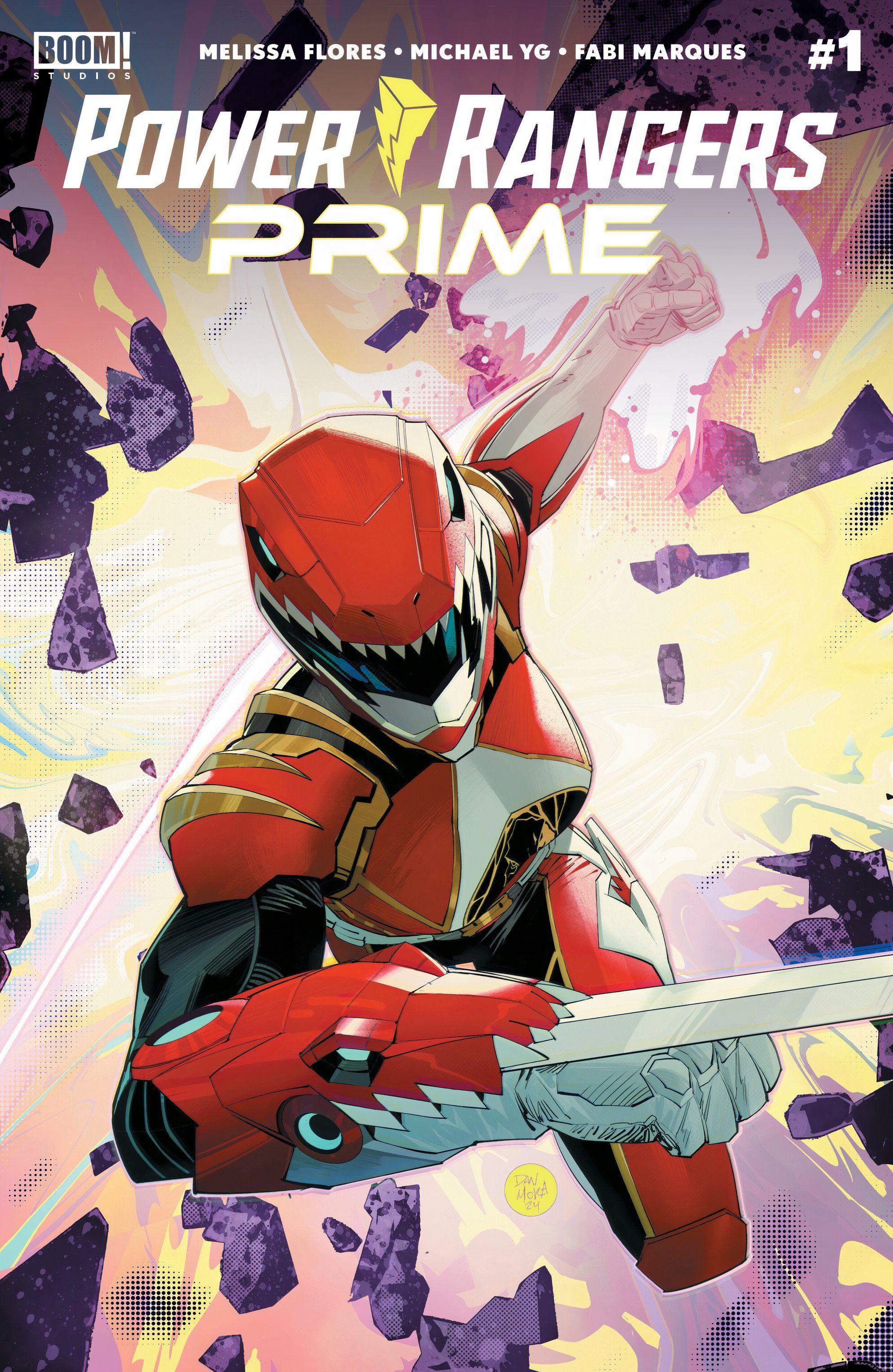 Power Rangers Prime #1, o samurai Red Ranger salta em direção ao leitor.