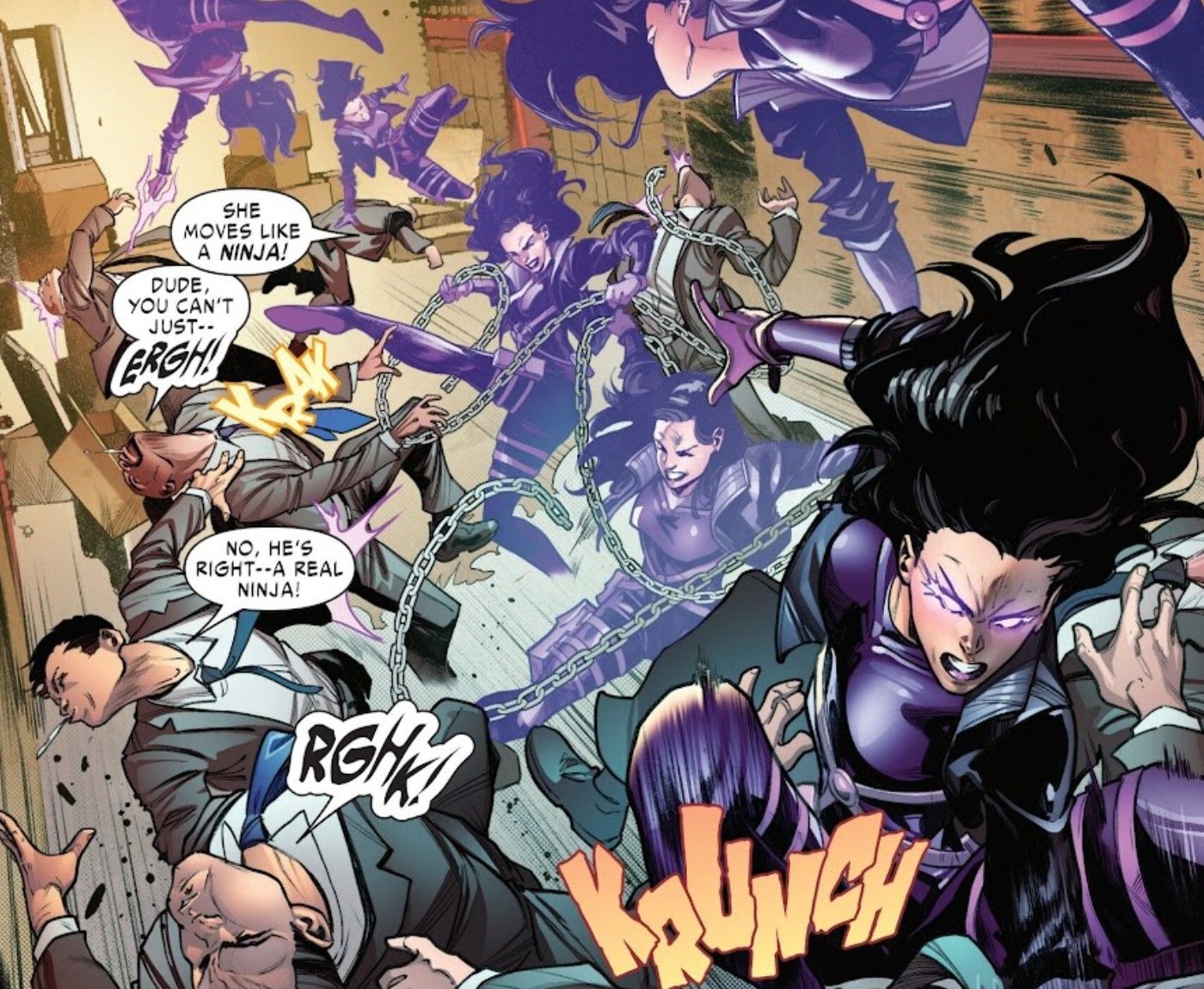 Painel de quadrinhos: Psylocke ataca como um ninja em todo o painel