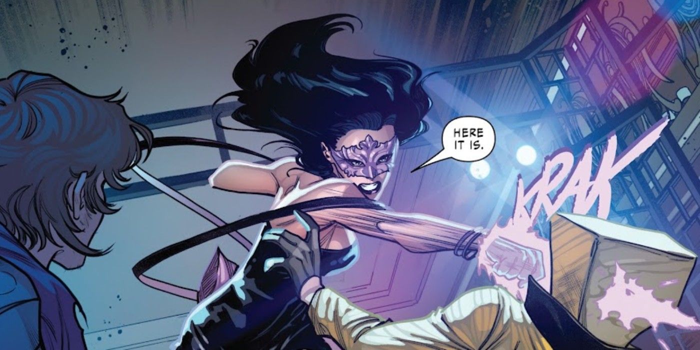 Painel de quadrinhos: Psylocke esfaqueia alguém no rosto em leilão de mutantes