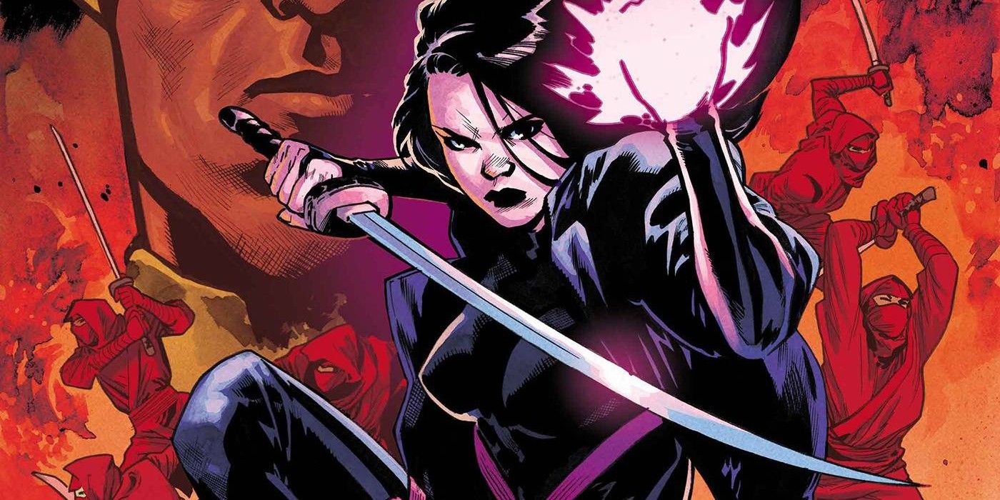 Comic book art: Psylocke with a sword and a glowing hand.