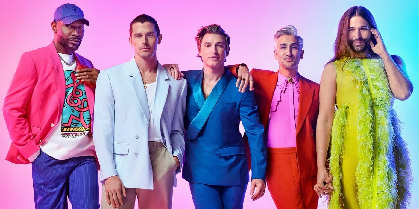 Membros do elenco da 9ª temporada do Queer Eye próximos uns dos outros usando roupas coloridas