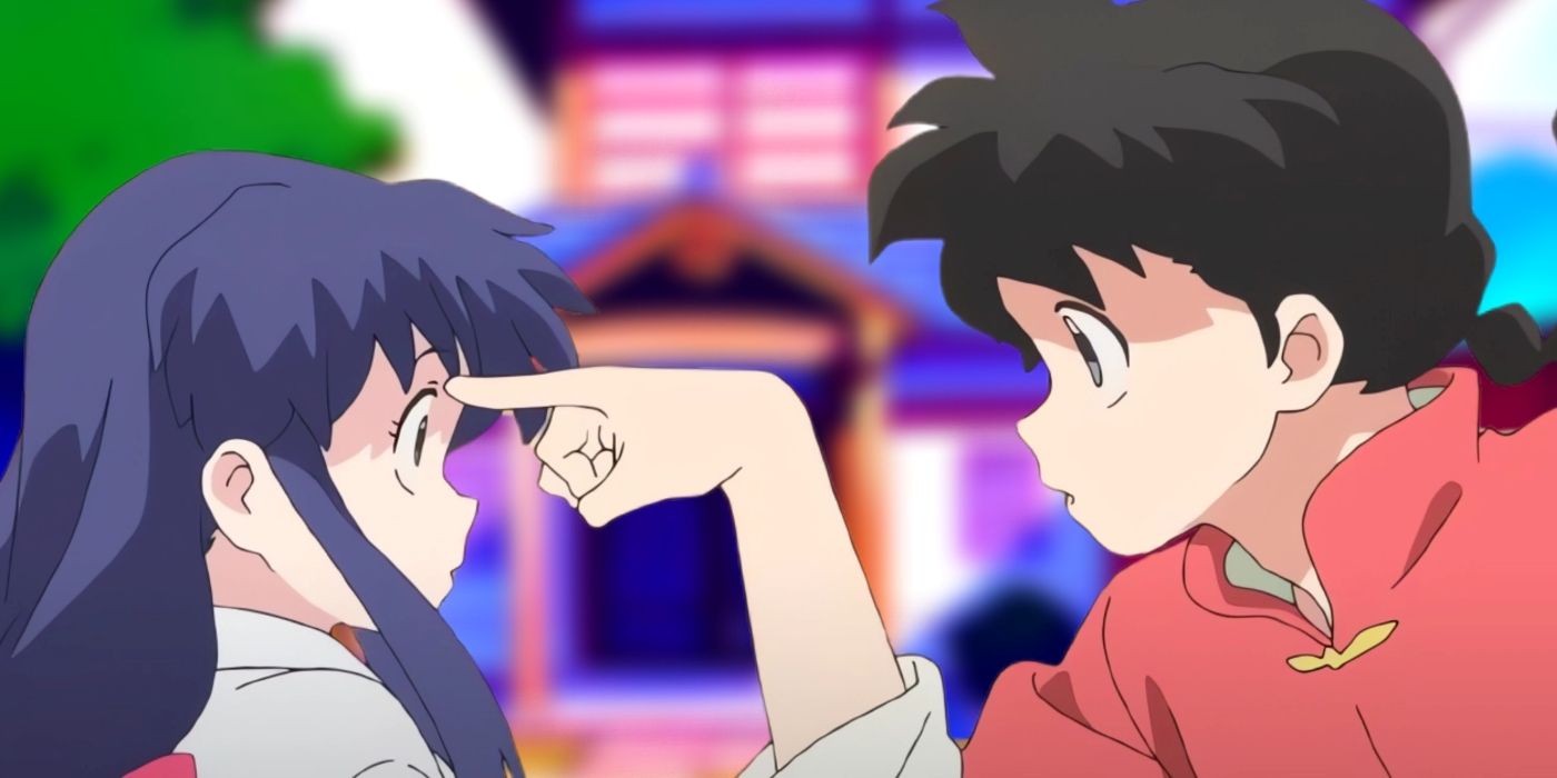 Ranma pocking Akane on the forehead while the latter looks shocked. Behind them, the entrance to the Tendo house can be seen.
