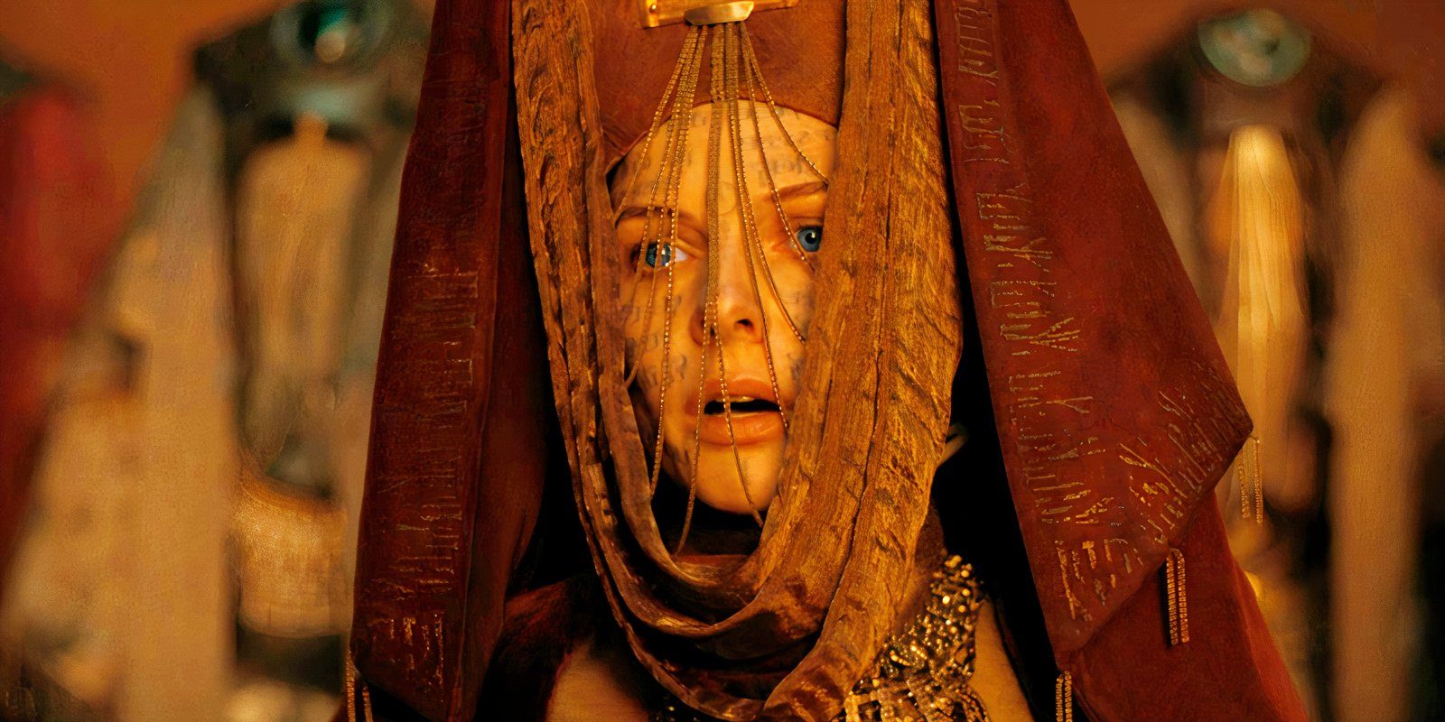 Rebecca Ferguson as Lady Jessica dressed in the uniform of the Reverend Mother in Dune Part Two