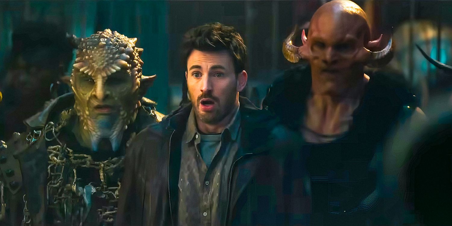 Jack O'Malley (Chris Evans) looking surprised with two strange creatures behind him in Red One