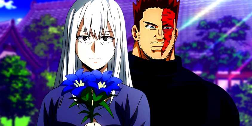 Rei, who is holding a flower, and Enji standing side by side. Behind them, the Todoroki State can be seen. 