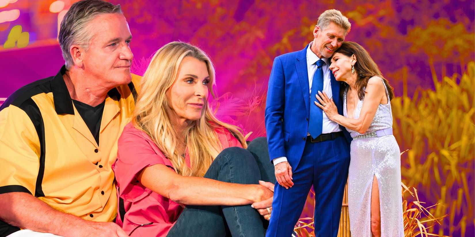 montage of The Golden Bachelorette's Joan Vassos & Chock Chapple and the golden bachelor's gerry turner and theresa nist