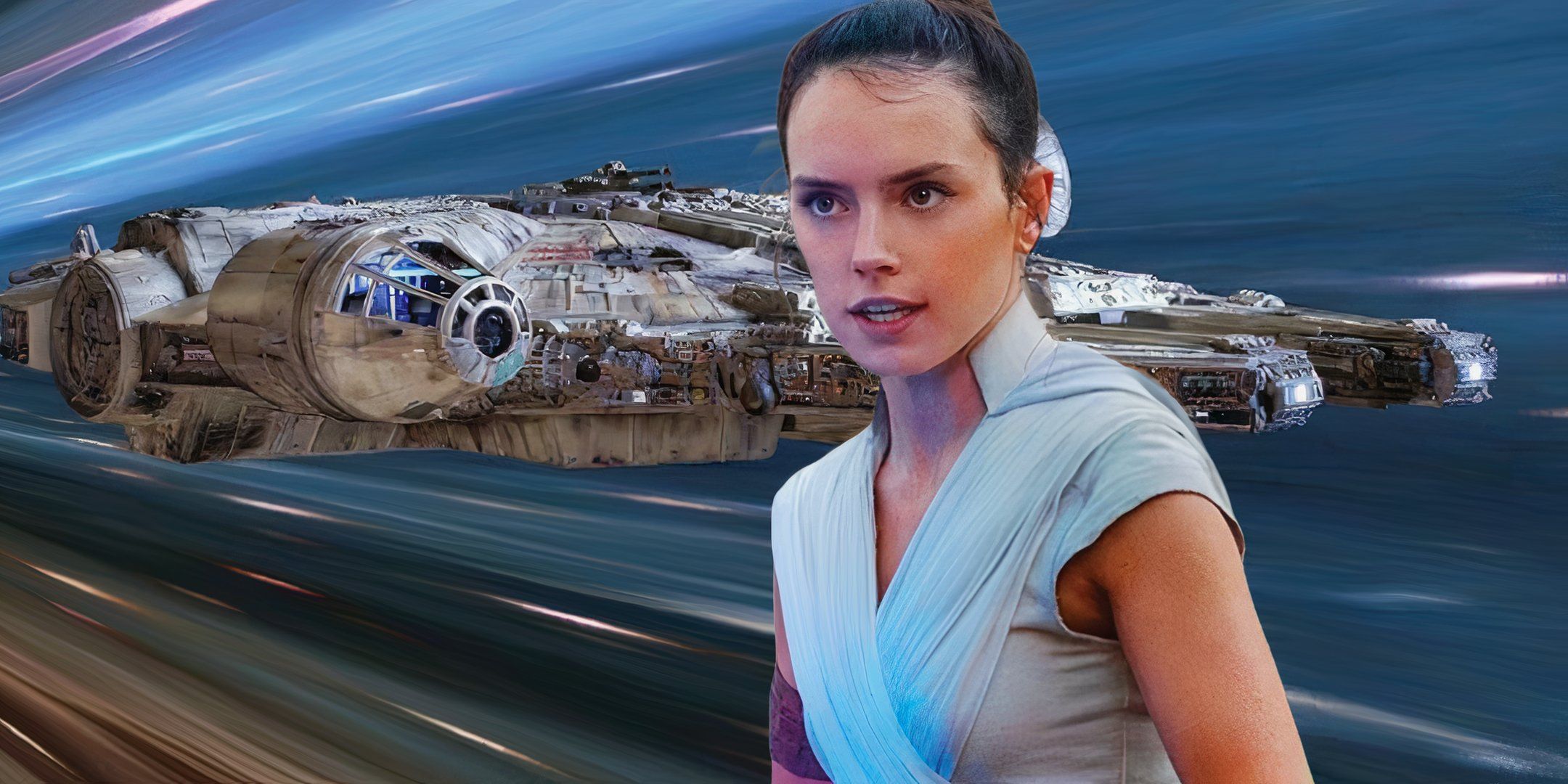 Rey and the Millenium Falcon in Hyperspace from Rise of Skywalker