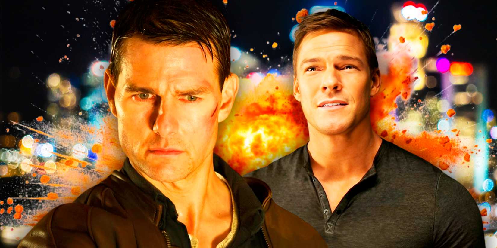 Alan Ritchson smirking as Reacher and Cruise looking glum from the Jack Reacher movies