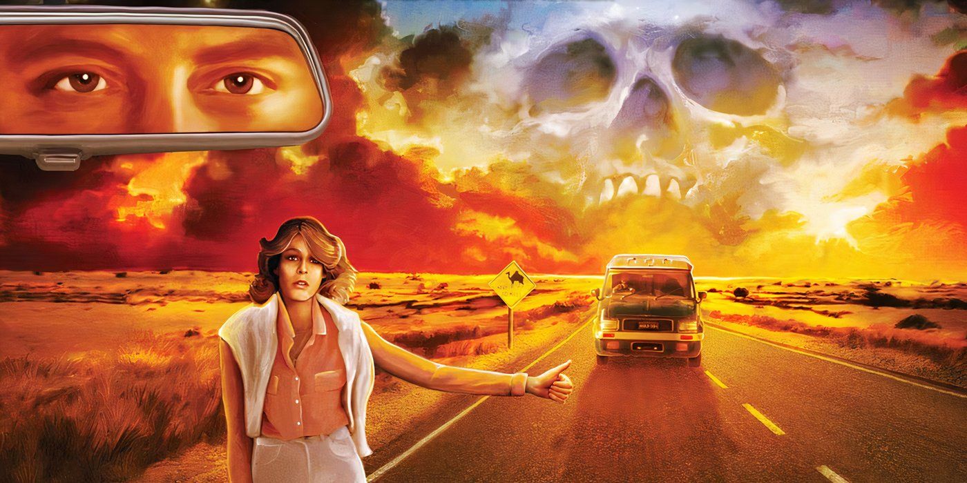 Road Games (1981) Promo image featuring Jamie Lee Curtis as a hitchiker with a skull in the sky