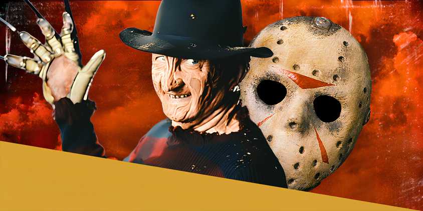 Robert Englund as Freddy Krueger in Freddy vs Jason in Front of Jason Voorhees Hockey Mask