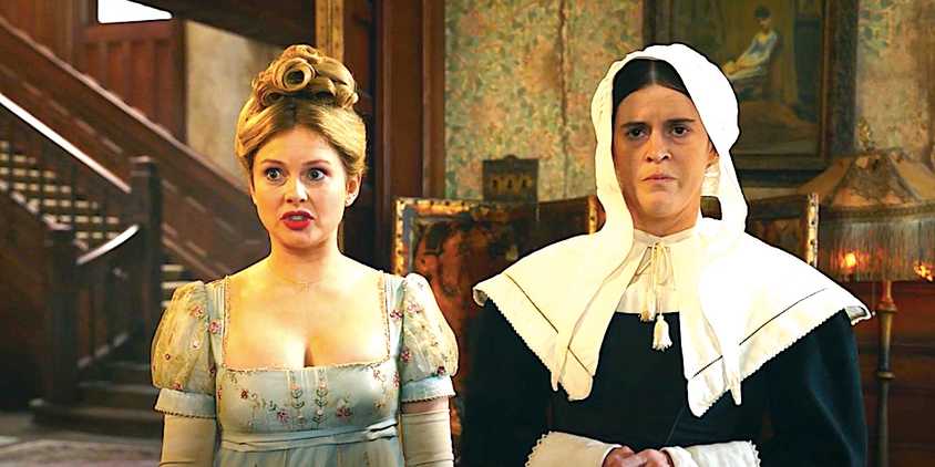 Rose McIver's Sam and Mary Holland's Patience stand in a living room looking annoyed in Ghosts season 4