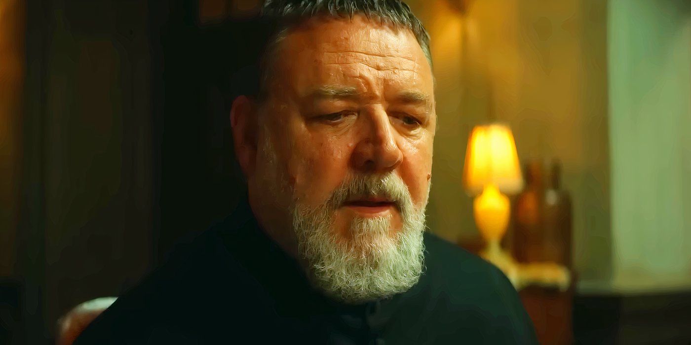 Russell Crowe as Father Gabriele Amorth looking grave in The Pope's Exorcist