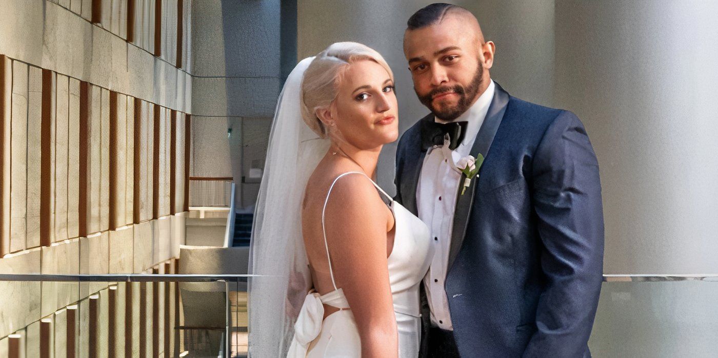 Married At First Sight season 12 Ryan Oubre & Clara Berghaus wedding promo shot with Ryan in a suit and Clara in a white wedding gown