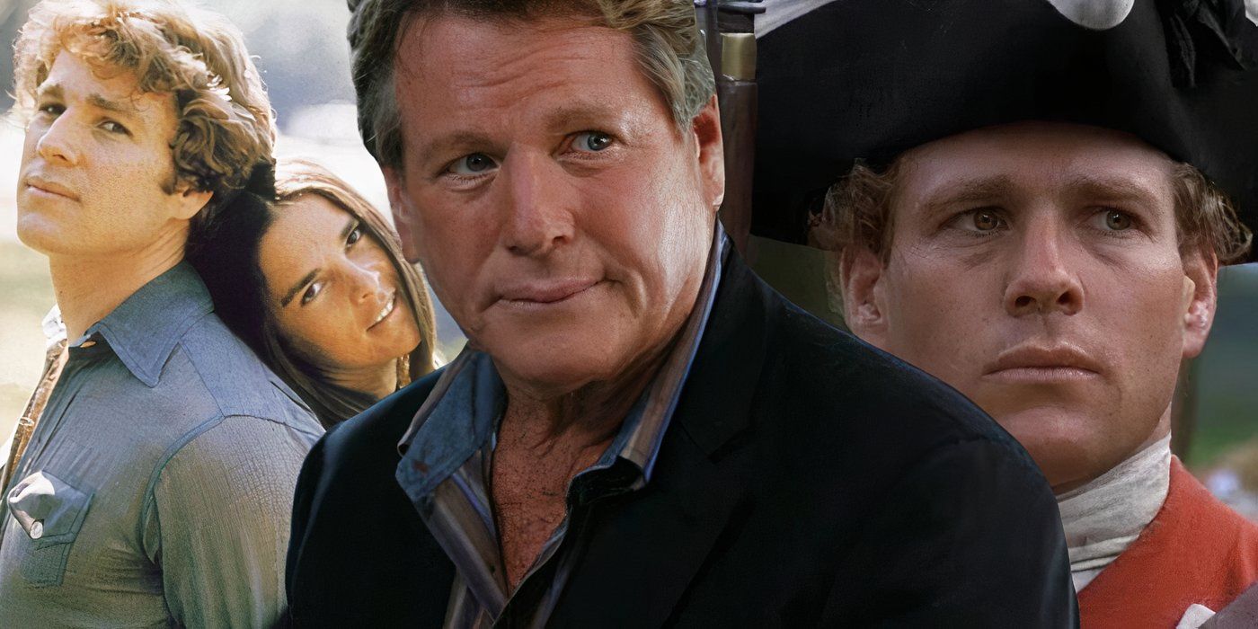 Collage of Ryan O'Neal in Barry Lyndon, Bones, and Love Story