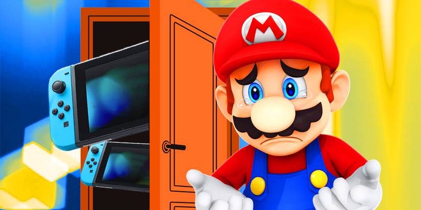 Sad Mario with multiple Nintendo Switches at the door.