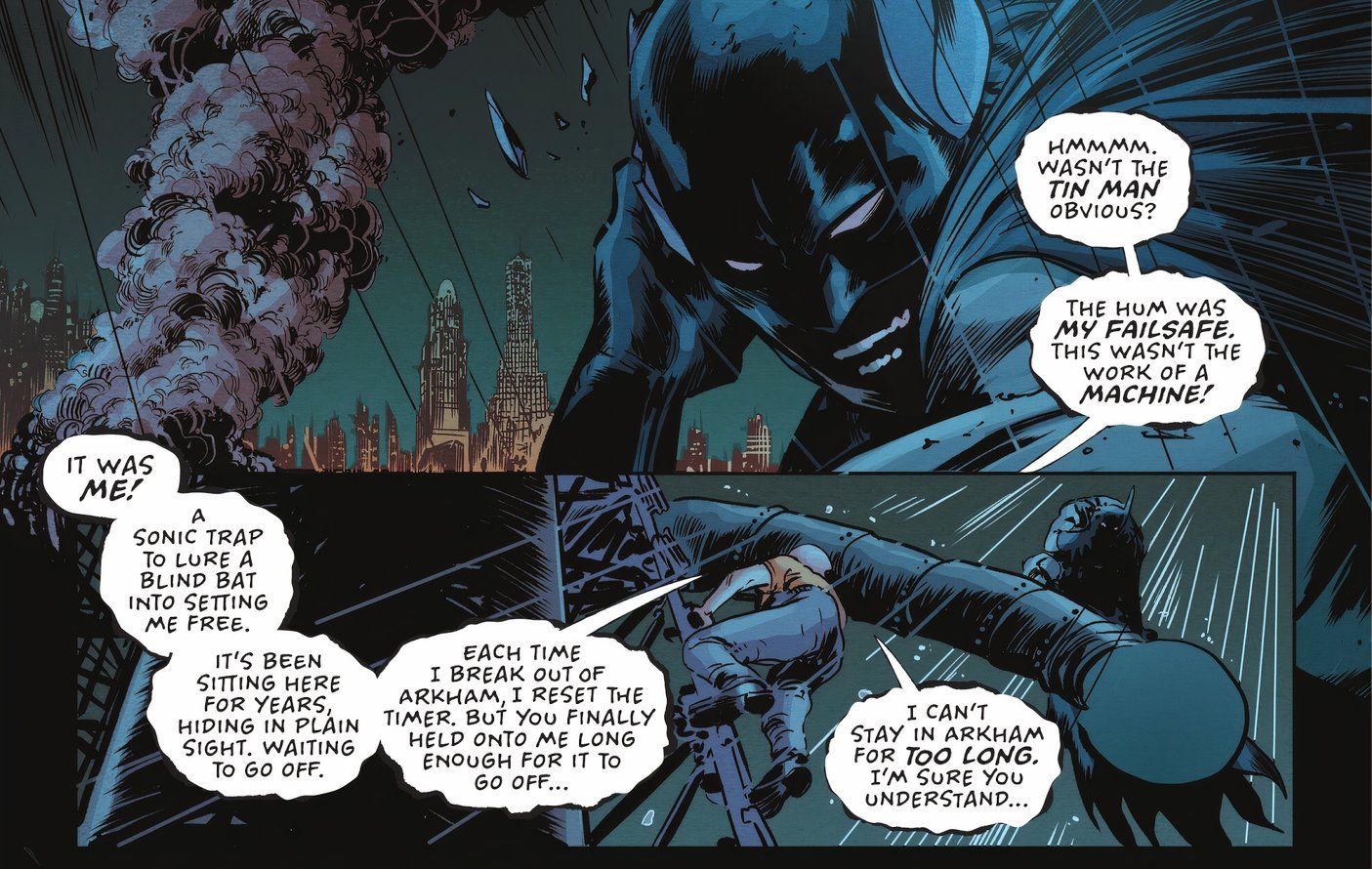 Comic book panels: Scarecrow Admits He Was The One Who Created The Machine