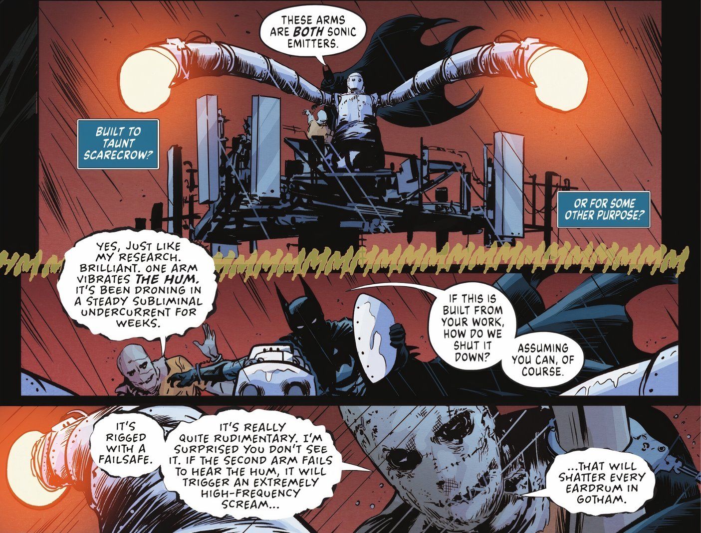 Comic book panels: Scarecrow Helps Batman Dismantle The Tin-Man Machine