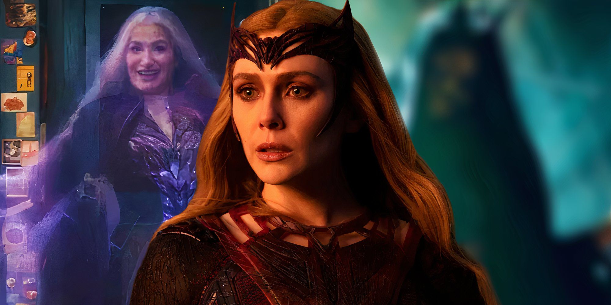 The Scarlet Witch in Doctor Strange in the Multiverse of Madness (2022) between a blurred image of Lady Death and Agatha as a ghost in Agatha All Along (2024)