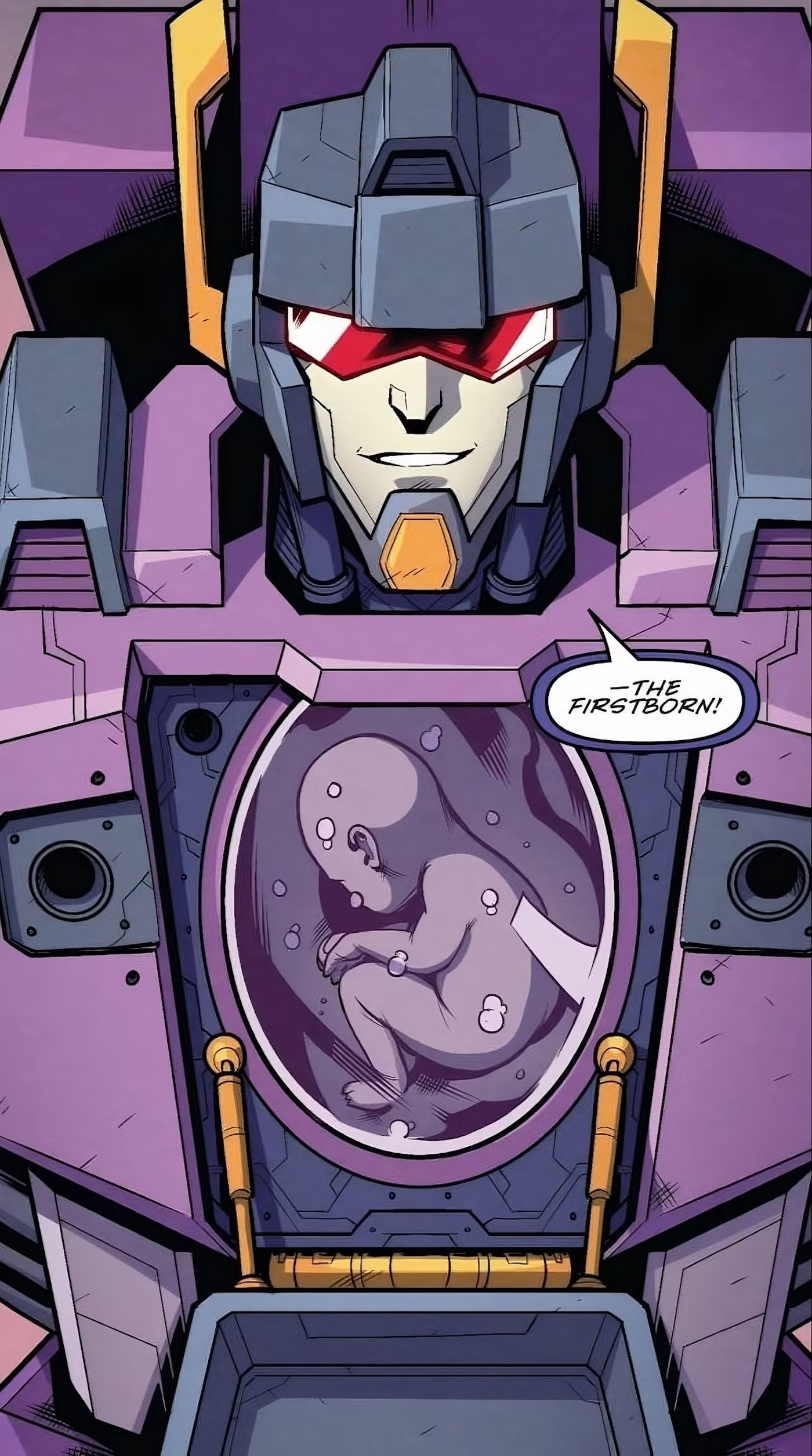 Painel de quadrinhos: o bebê de Scorponok gesta em seu peito.