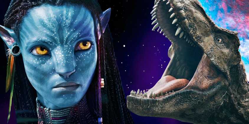 Avatar and Jurassic World characters over promotional art from Planet Gliese