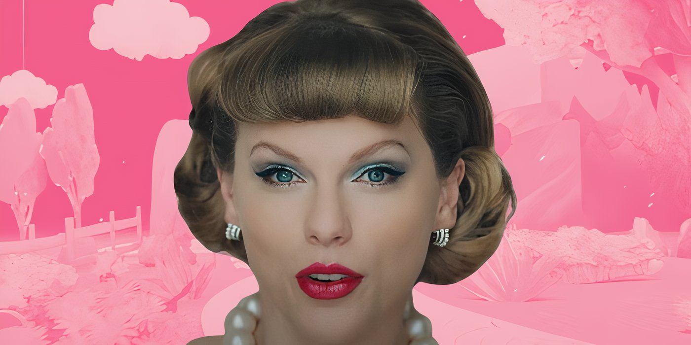 Taylor Swift headshot from Karma in front of imagery from Karma