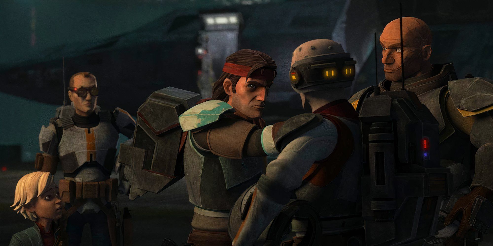 Omega, Tech, and Wrecker watch as Hunter and Echo exchange goodbyes on Coruscant, with Hunter setting his hand on Echo's shoulder.