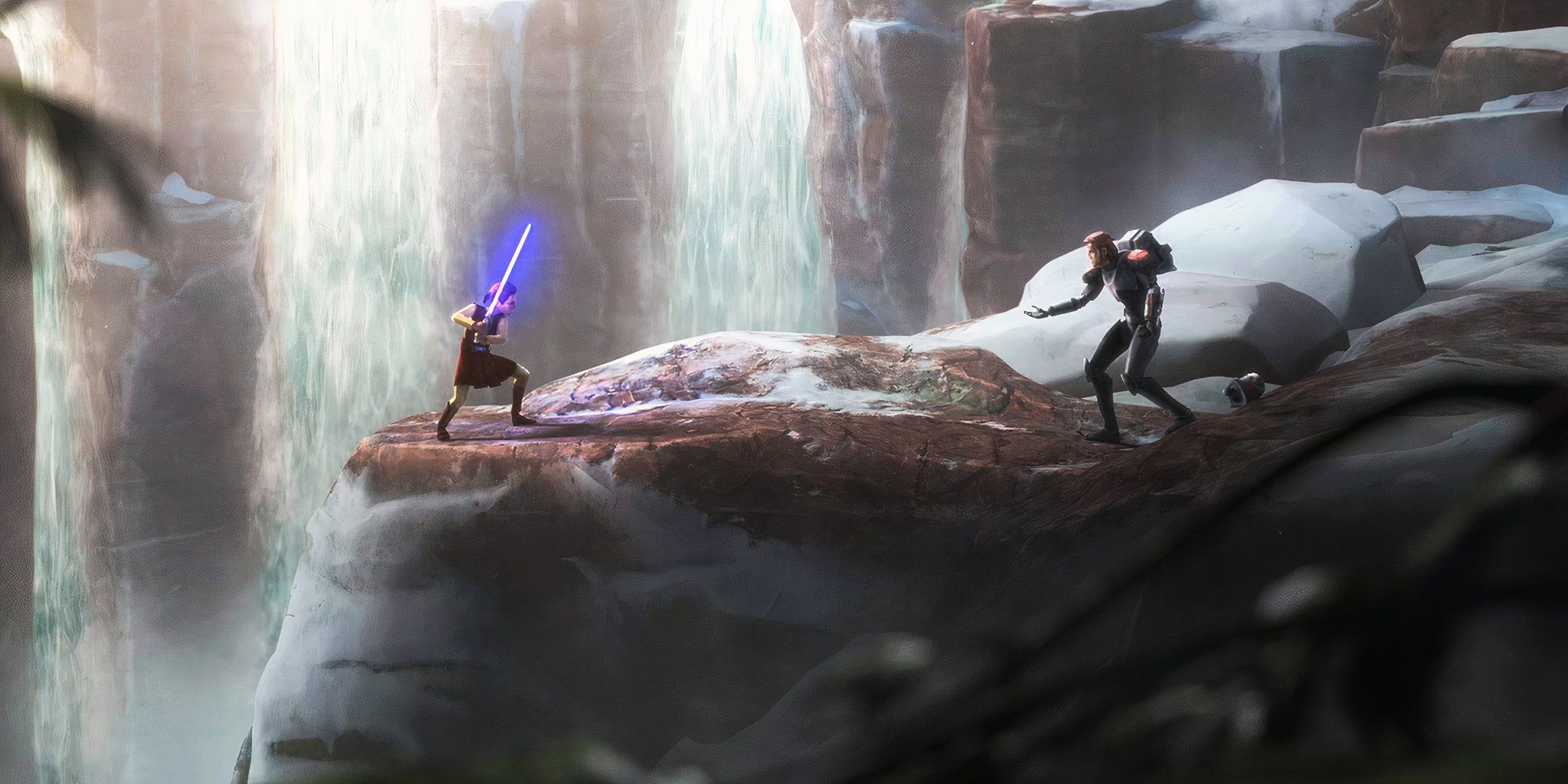 Caleb Dume (Kanan Jarrus) holds his lightsaber near the edge of a ledge as Hunter cautiously makes an approach on Kaller.