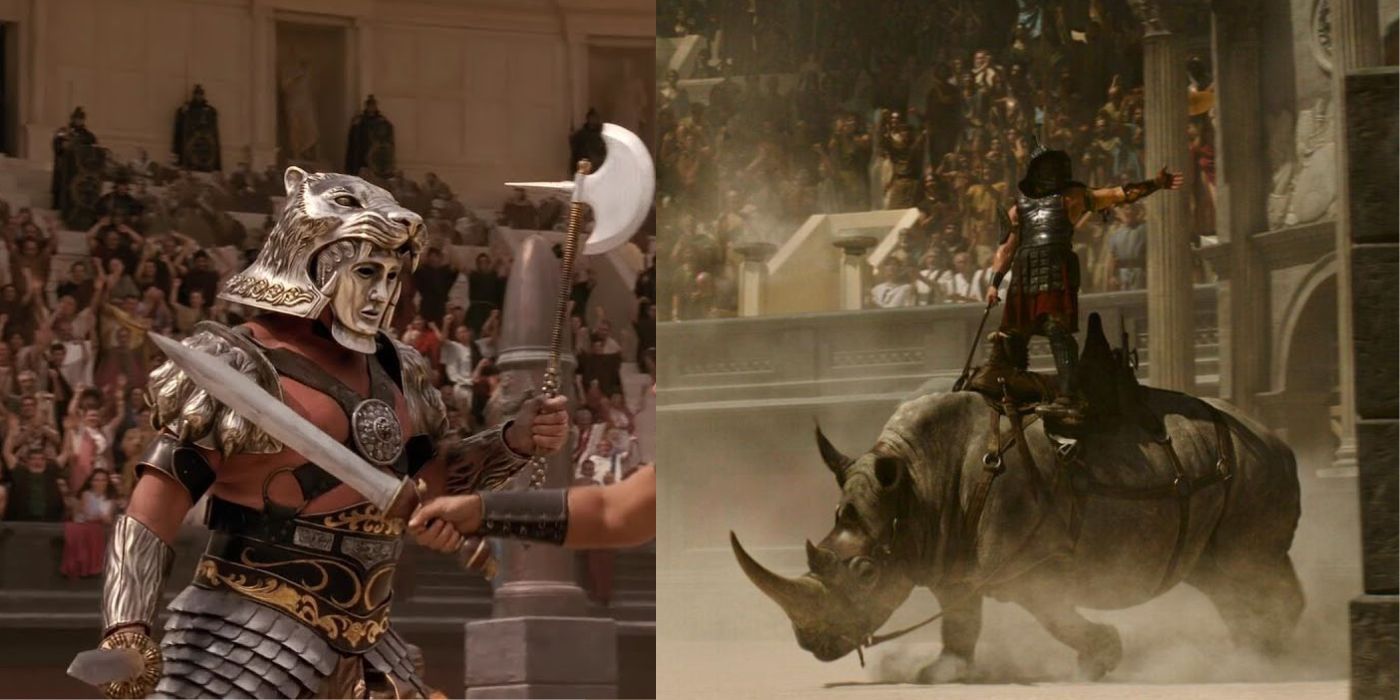 Tigris of Gaul and Glyceo on his rhino Gladiator and Gladiator II