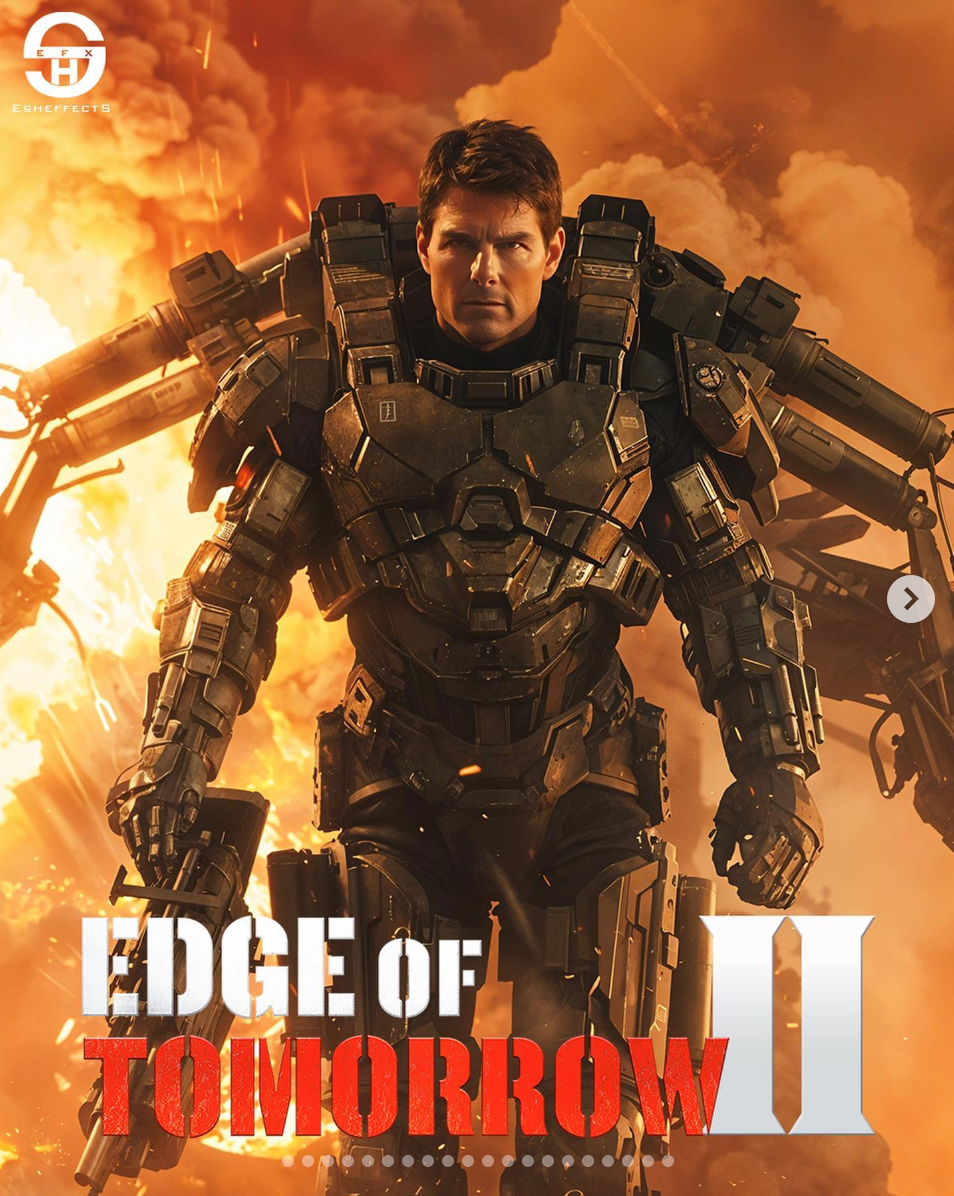 AI-generated Edge of Tomorrow 2 poster art featuring Tom Cruise in power armor