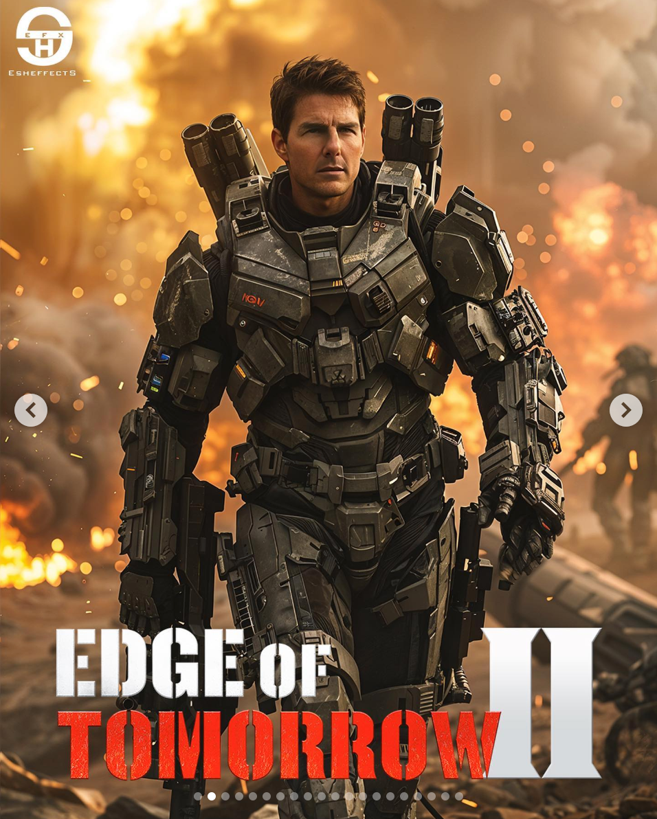 AI-generated Edge of Tomorrow 2 poster art featuring Tom Cruise in power armor