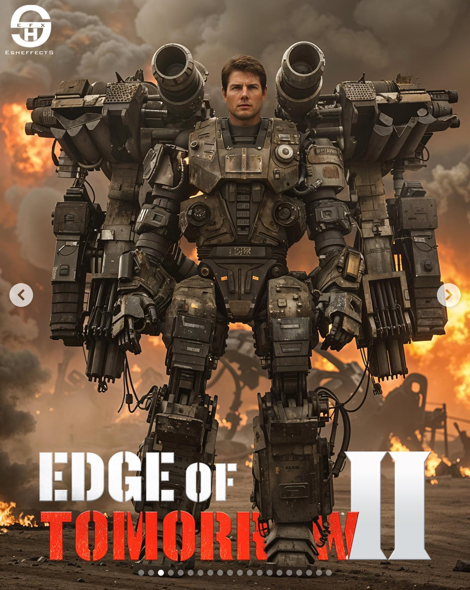 AI-generated Edge of Tomorrow 2 poster art featuring Tom Cruise in power armor