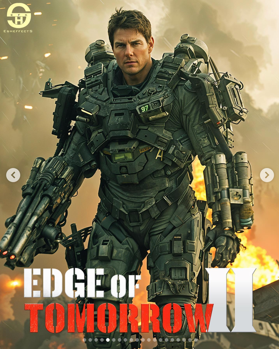 AI-generated Edge of Tomorrow 2 poster art featuring Tom Cruise in power armor