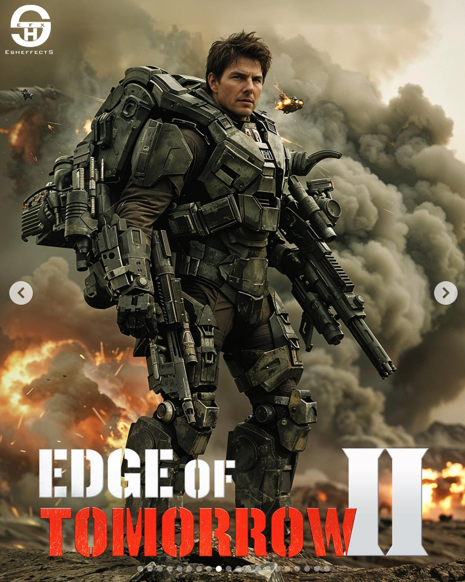 AI-generated Edge of Tomorrow 2 poster art featuring Tom Cruise in power armor