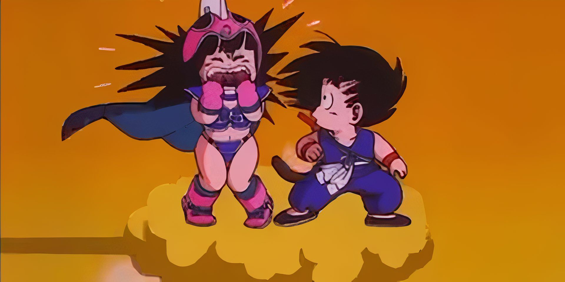 Goku e Chi-Chi cavalgam na nuvem Nimbus e Chi-Chi grita e parece angustiado enquanto Goku parece surpreso com a reação dela