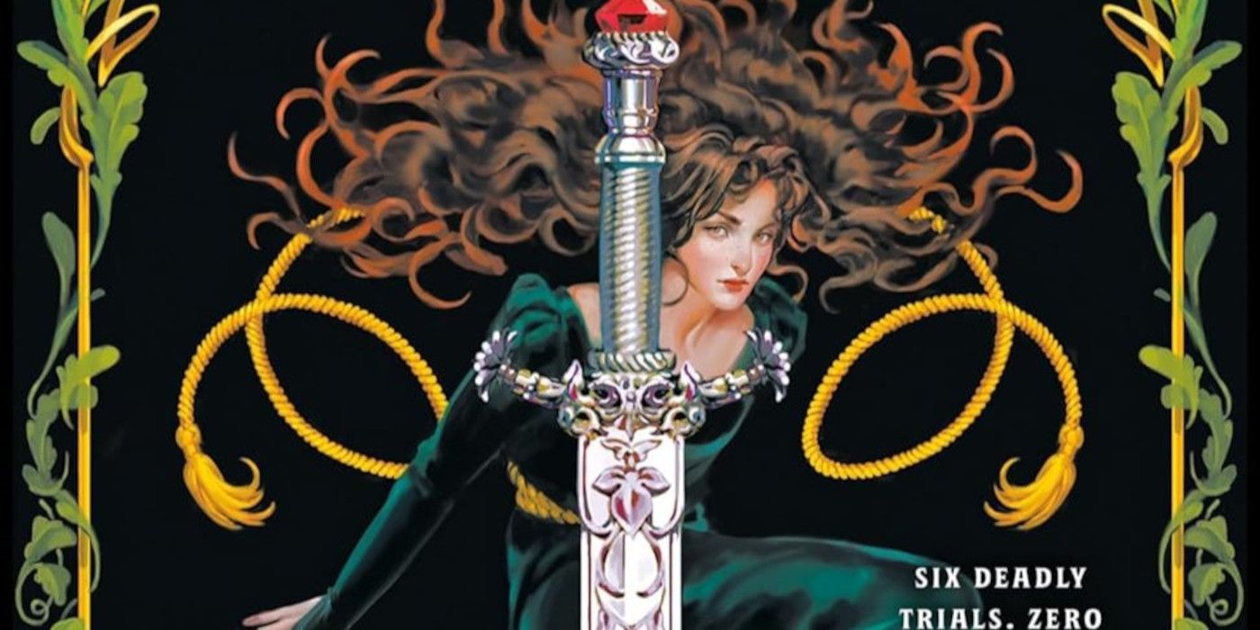 Servant Of Earth cover featuring a brown-haired woman in a green dress sitting behind a sword