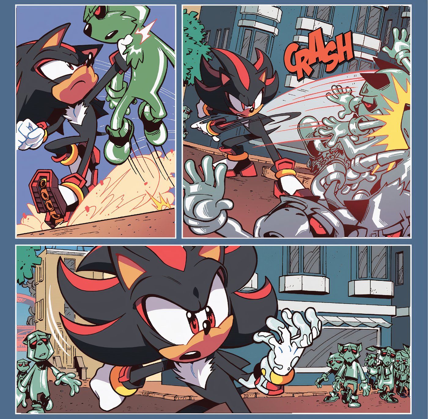 Shadow the Hedgehog lucha contra los Zombots y se infecta con el virus del metal.