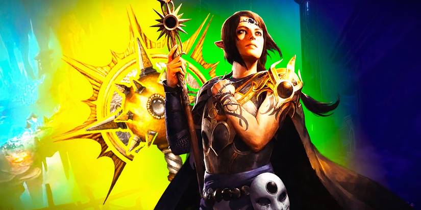 Shadowheart with the cleric symbol behind her and two backgrounds from Baldur's Gate 3