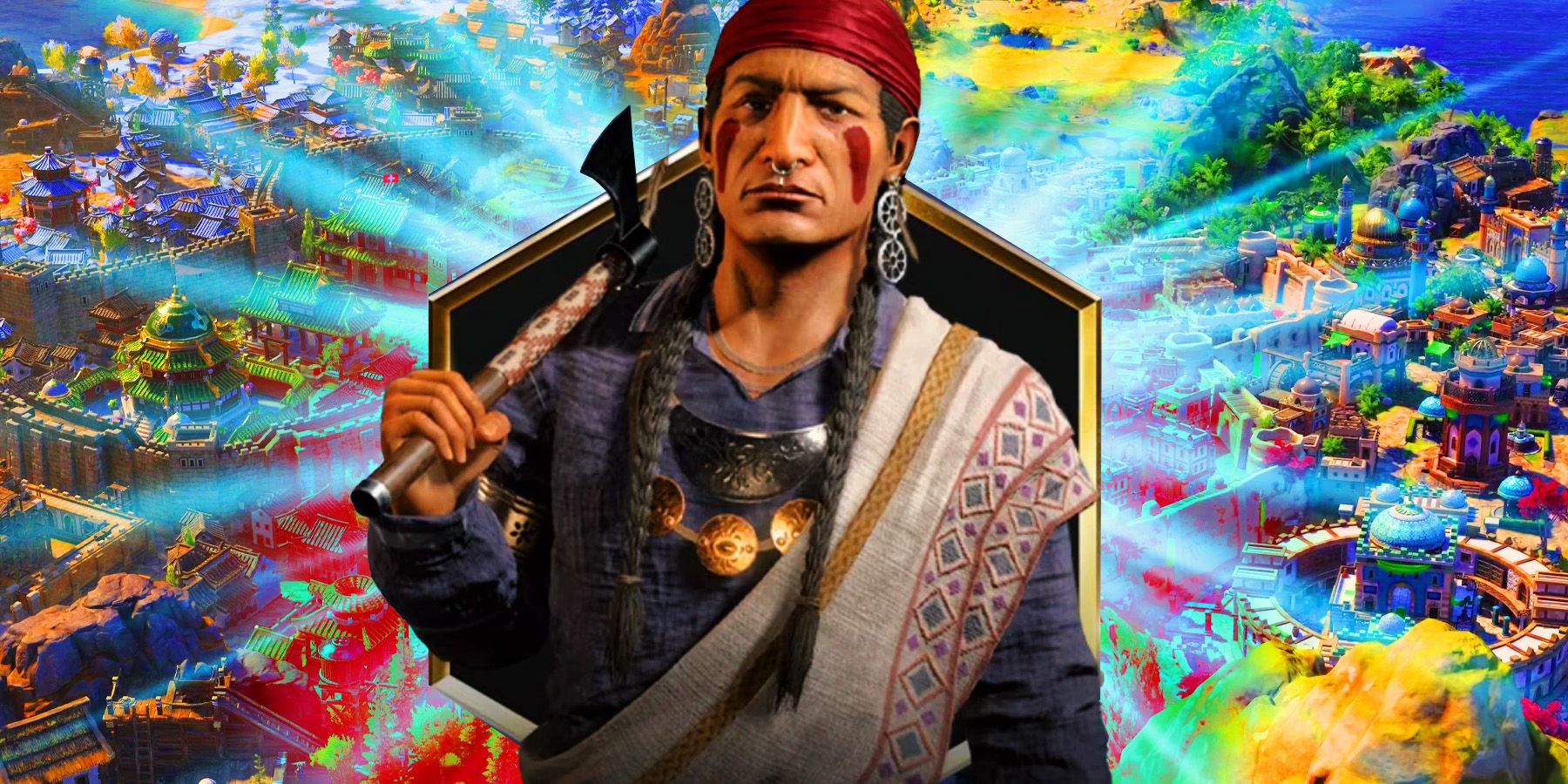 Shawnee lyderis iš civilizacijos 7 su miestais