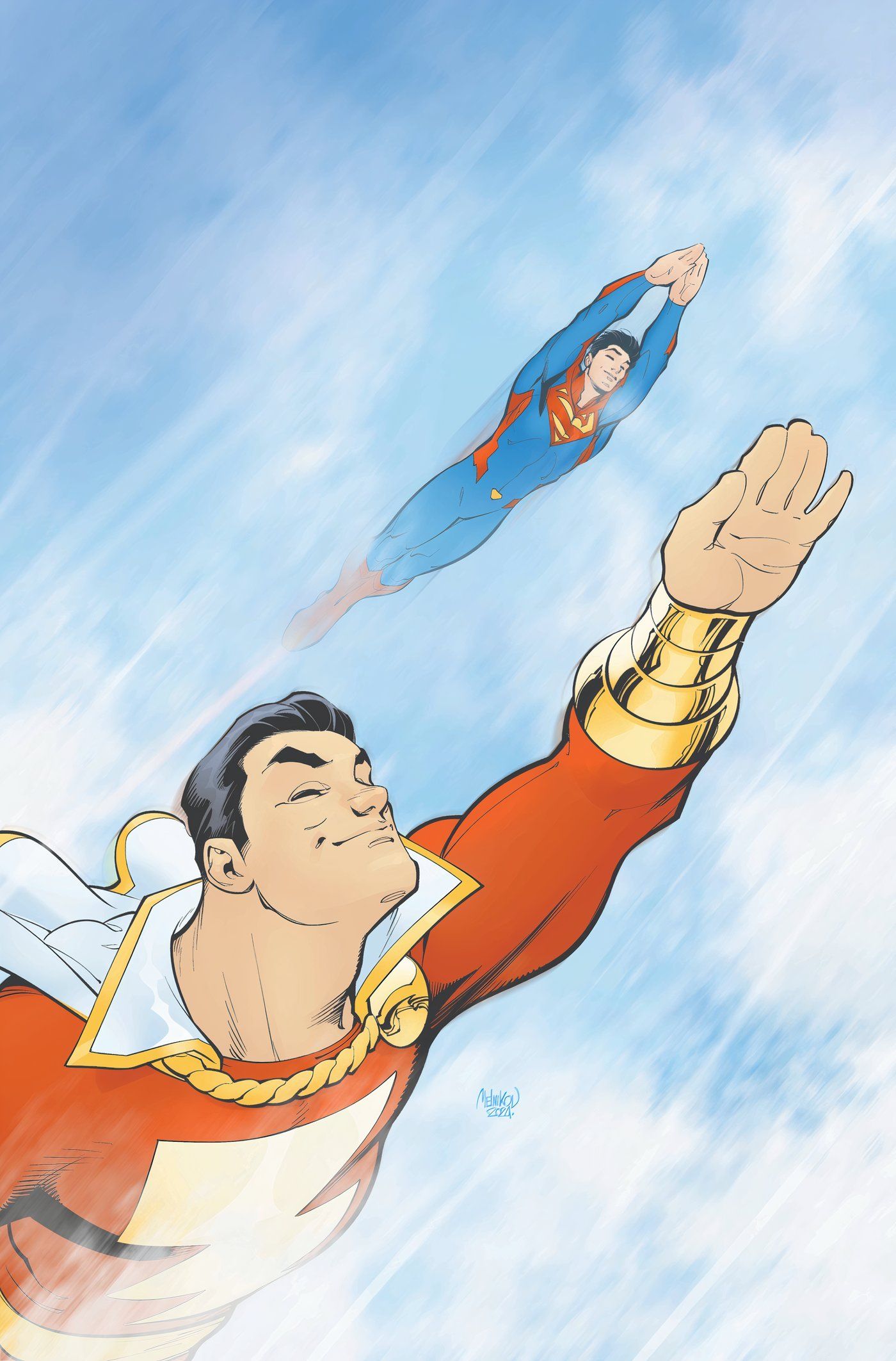 Capa de quadrinhos: Shazam e Jon Kent Superman voam juntos pelo céu