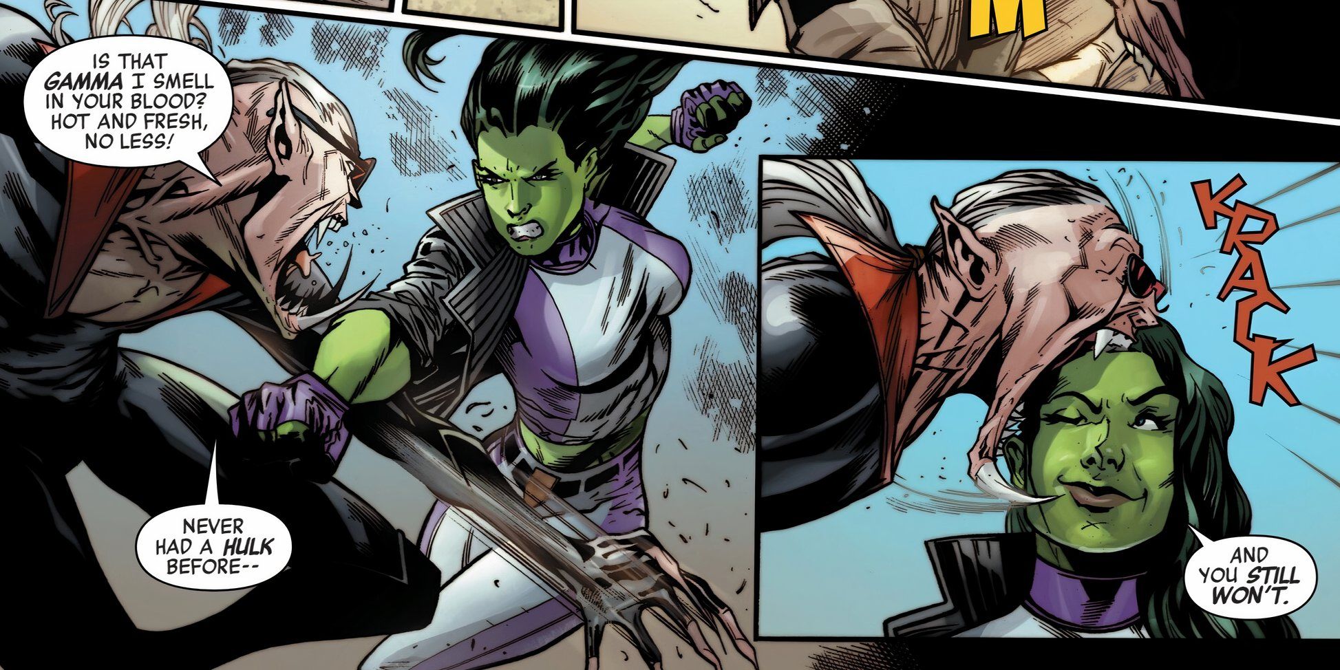 Painéis de quadrinhos: Bloodstream não consegue perfurar a pele de She-Hulk,