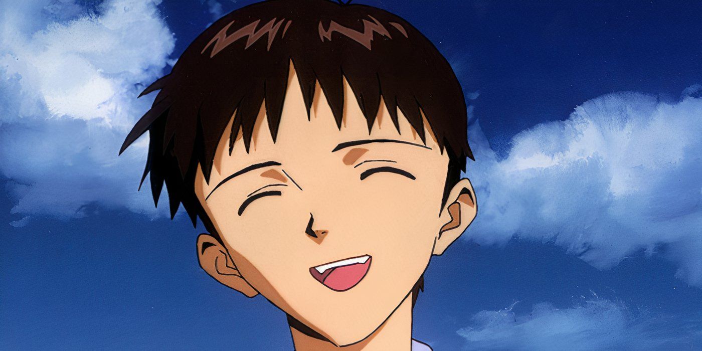 Shinji smiling at the end of episode 26 of Evangelion.