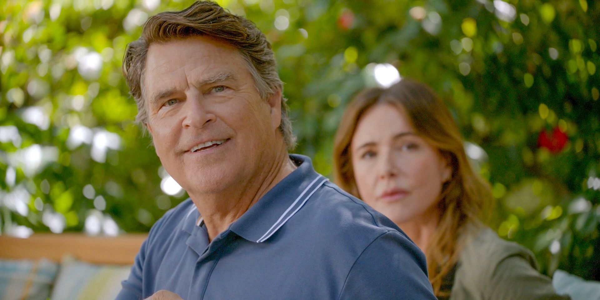 Derek (Ted McGinley) and Liz (Christa Miller) looking puzzled in Shrinking Season 2 Episode 5