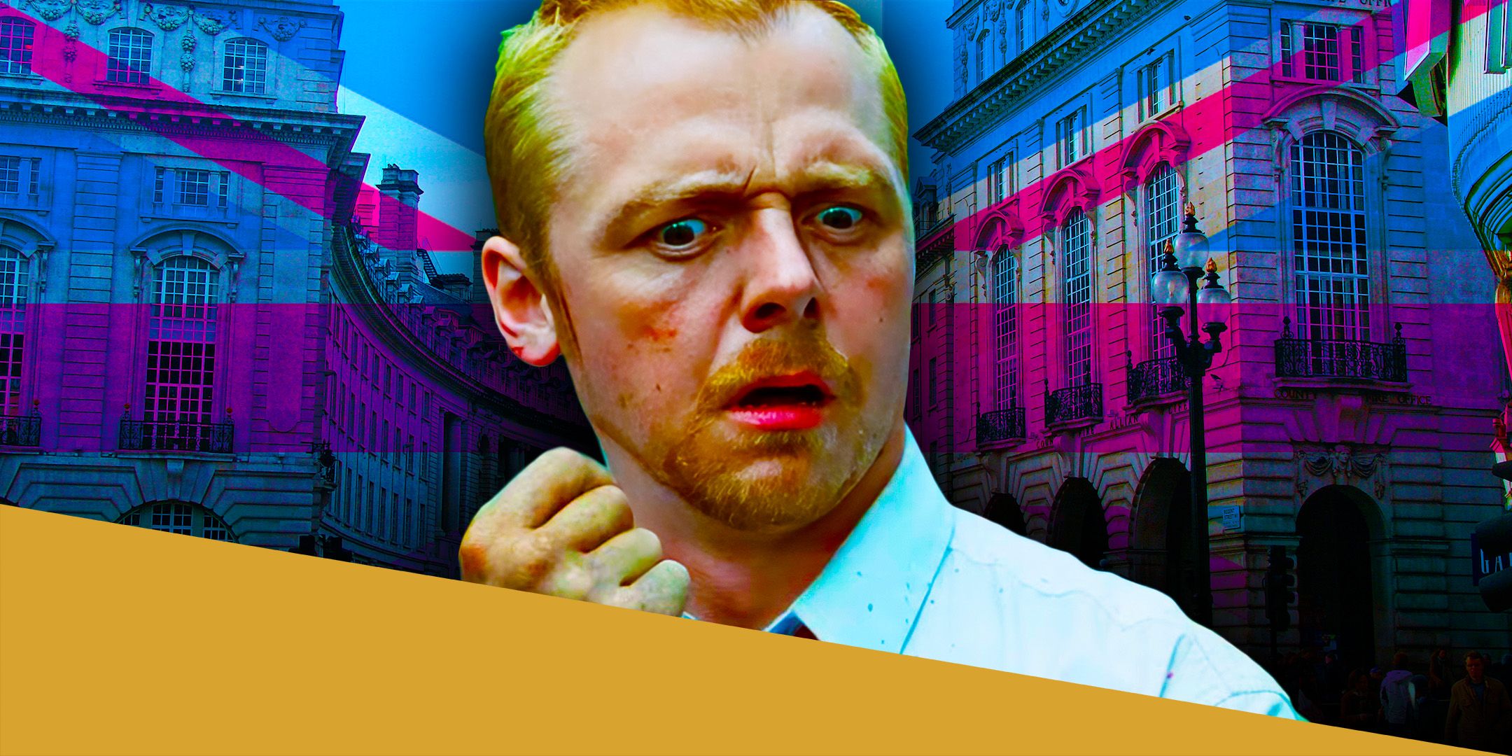 Simon Pegg in Shaun of the Dead in Front of London Buildings