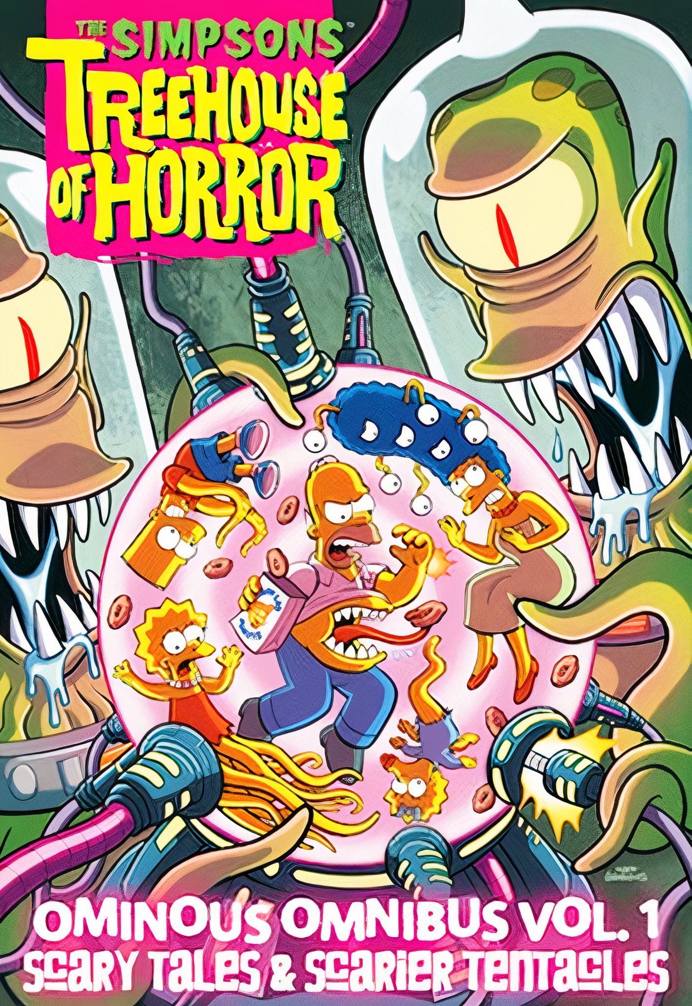 عائلة سمبسون Treehouse of Horror Omibus Vol. 1، كانغ وكودوس يلوحان في الأفق فوق عائلة سمبسون