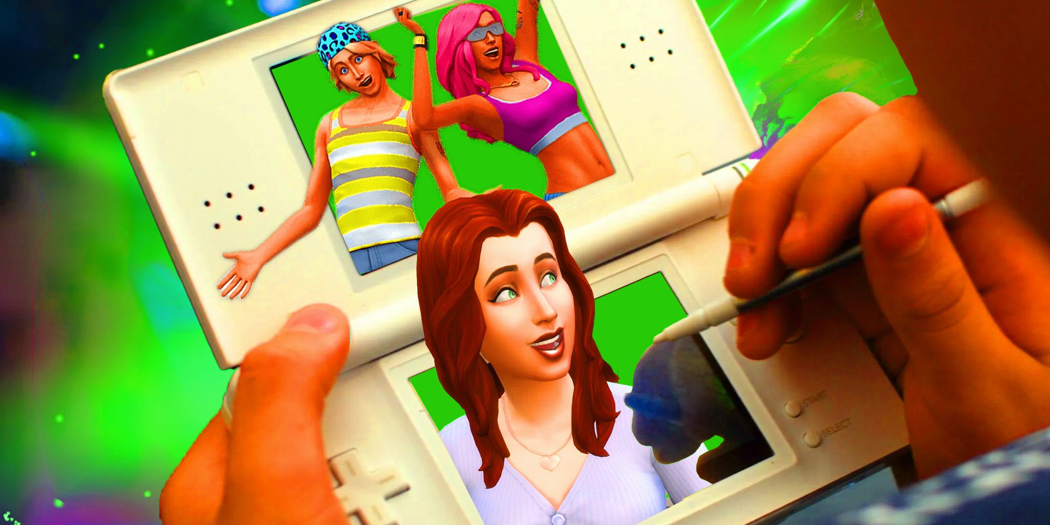 Characters from The Sims 4 coming out of a Nintendo DS screen while a stylus touches the screen.